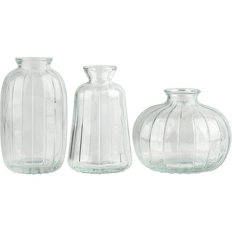 Juego de jarrones “Colección Esencial”, varios modelos: 3 jarrones minimalistas de cristal Art Déco (azul, verde, gris, dorado, blanco) para decoración de mesa. (1/5)