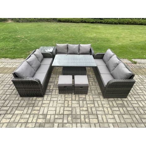 Fimous Patio Garden Dining Set Outdoor Rattan Furniture Lounge Sofa Height Adjustable Rising lifting Table With Side Table 2 Small Footstools Dark Grey Mixed (1/5)