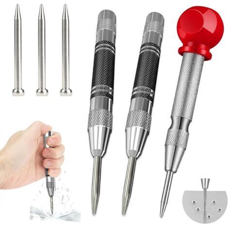 3-Piece Automatic Center Punch Set for Metal, Spring-Loaded Center Punches, Adjustable Impact Center Punch with 3 Replacement Tips, for Wood, Walls, Plastic, and Metal (1/5)
