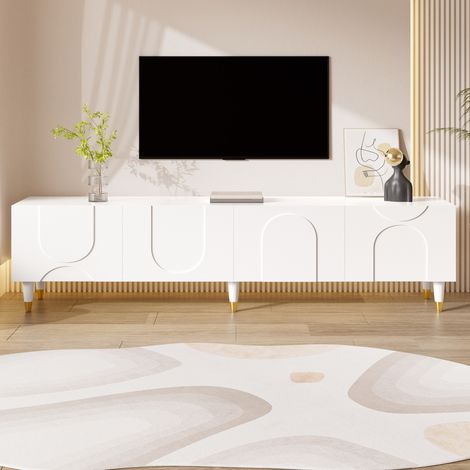 Weißes TV-Lowboard mit 4 Türen und asymmetrischem Bogenrelief, 180 x 40 x 50 cm (1/5)