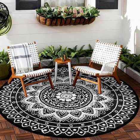Tapis d'extérieur Rond pour terrasse 180cm réversible imperméable et Pliable bohème pour Camping-car de Pique-Nique et de Camping RV Balcon Plage Noir/Blanc (1/5)