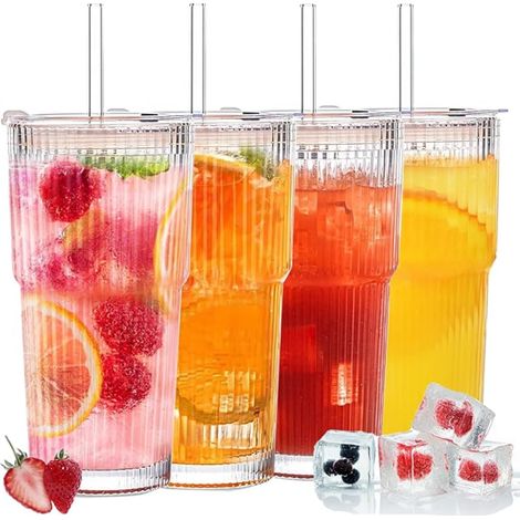 Water Glasses with Lid and Straw, Matcha Latte Glass, Transparent Striped Cups, Juice Cup, Smoothie Cup, Ice Coffee, Smoothie, Milk, Juice, Tea (1/5)