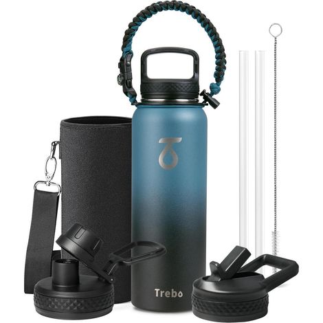 Edelstahl Trinkflasche 1.2L isoliert mit Paracord & 3 Deckeln, 48h kalt/24h heiß
