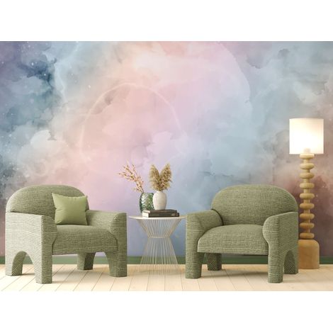 Papier peint aquarelle – Nuages doux aux tons poudrés - 400 x 260 cm (1/2)
