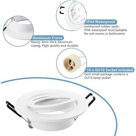 Spot Encastrable GU10 Aluminium Blanc Support Spot Encastrable Cadre Montage Avec Douille GU10 Rond Spot de Plafond 68mm imperméable plat Pour LED Salle de bain 230V (1/3)