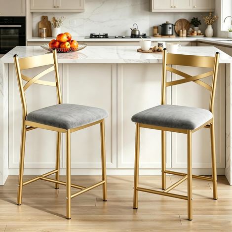 Lot de 2 Tabourets de Bar Hauteur Comptoir avec Assise PU Rembourrée, Dossier X, Repose-Pieds, Structure Métal, Doré (1/5)