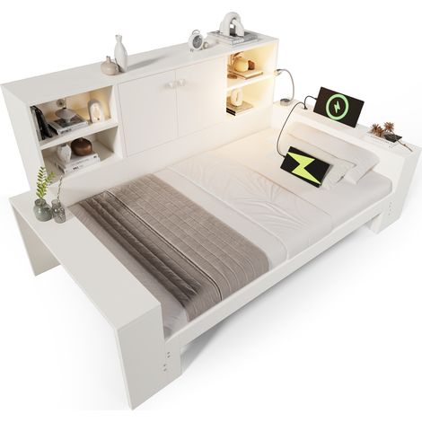 CHICFURN Lit banquette 90x200 cm avec lit gigogne, rangements intégrés, ports USB/USB-C, lumière de lecture et finition blanc, pour chambre ou chambre d'amis (1/5)
