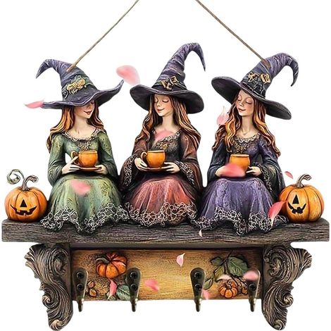 Porte-clés mural en bois motif citrouille – Organisateur mural Halloween avec 4 crochets (modèle sorcière) (1/5)