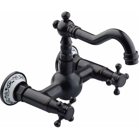 Grifo de cocina de estilo antiguo, de bronce aceitado, montado en la pared (negro) (1/4)