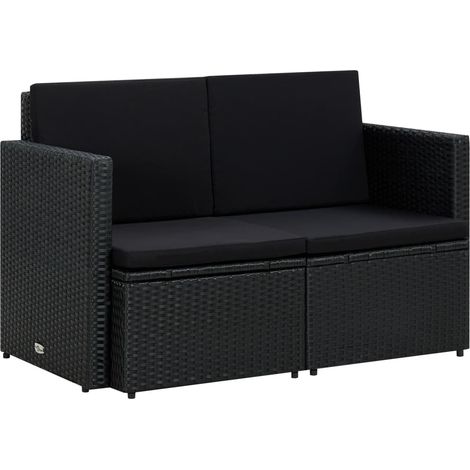 2-Sitzer-Gartensofa mit Auflagen Schwarz Poly Rattan