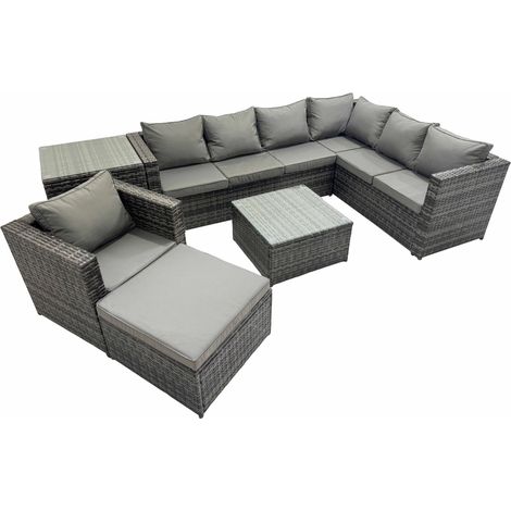 Fimous Outdoor PE Rattan Garden Furniture Sofa Set with Square Coffee Table Chair Big Stool Side Table Dark Grey (1/5)
