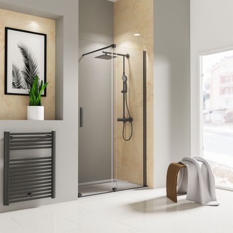 Porte de douche 180 x 200 cm, verre 8 mm, porte coulissante, profilé noir, Toura Schulte