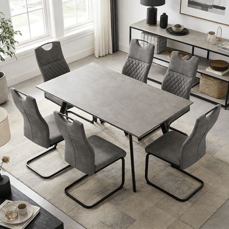 Ensemble de table à manger 120 cm en MDF avec chaises (6 chaises, tissu, gris)