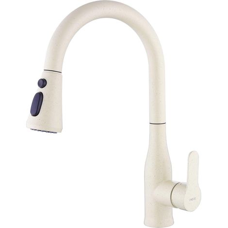Robinet de Cuisine Beige avec Douchette Extractible, Mitigeur Evier Pivotant 3 Jets d'eau, Robinettrie Rotatif 360° pour Evier Double, Acier Inoxydable, Cartouche Céramique