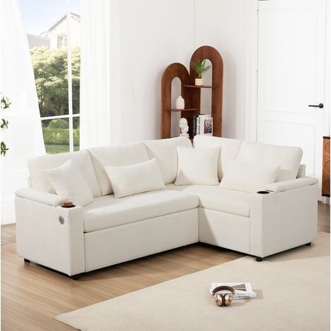 Ecksofa mit Schlaffunktion 206.5x141x86 cm Beige Chenille mit Stauraum, USB-Anschluss und Getränkehalter (1/5)