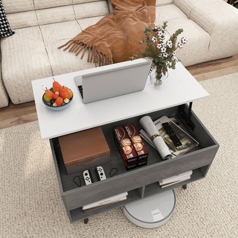 Table Basse Relevable avec 2 Compartiments et Rangement Caché Table de Salon à Pieds en Bois de Pin avec Levage Pneumatique Gris (1/3)