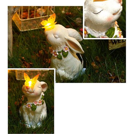 Statue Solaire de Lapins avec Papillons Artisanale Chargement Solaire Lumière pour Jardin en Résine Synthétique Blanche (1/4)