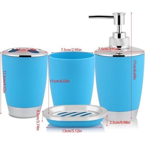 Bardusch - 4pcs - set accessoires de costume de salle de bain comprend un distributeur de porte-savon de tasse de brosse à dents bleu (1/4)