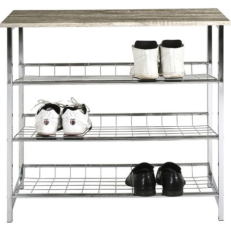 Étagère à Chaussures en métal et MDF, Finition Chrome et chêne, 4 étagères, Tube d'acier - Dimensions : L 86 x H 81 x P 28 cm, Style : Moderne (1/2)