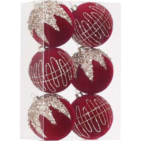 Lot de 6 boules de Noël flockées 8 cm rouge bordeaux, ornements pour sapin de Noël (1/3)