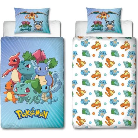 Parure de lit réversible - POKÉMON - Pikachu et Pokémon de départ - Bleu - Microfibre - 1 housse de couette 140 x 200 cm + 1 taie d'oreiller 63 x 63 cm (1/5)