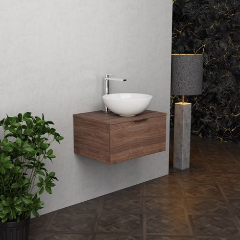 Inda - Badezimmerschrank B.60 mit Aufsatzwaschbecken / Braune Eiche 1 Schublade - Topazio (1/5)