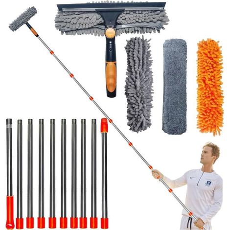 1 Nettoyeur De Vitres 2 En 1, Perche Télescopique 0,9-4,2 M, Raclette Rotative, 3 Tampons, Pour Fenêtres Et Voiture (1/5)
