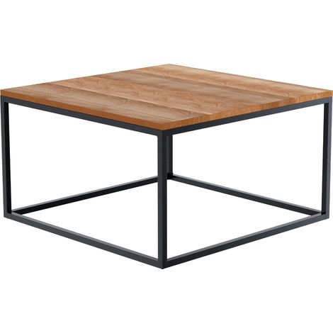 Mesa de centro minimalista de diseño limpio 80x80x45 cm tablero de roble macizo estructura de metal con recubrimiento de polvo negro 100009158