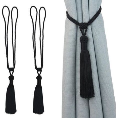 [JAMAIS UTILISÉ] Lot de 2 embrasses de Rideaux Faites à la Main en Corde avec Pompons pour décoration de Bureau Maison (Noir, 2) (1/4)