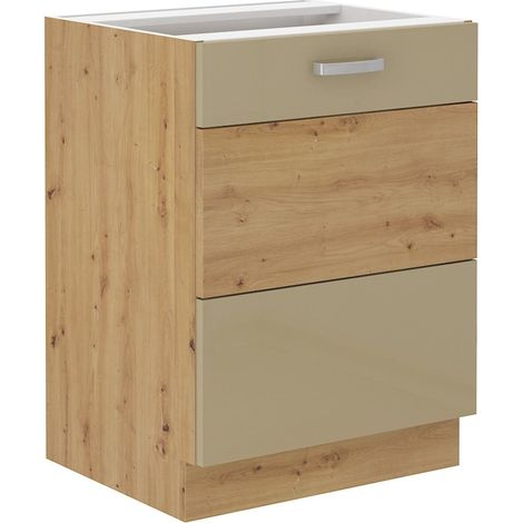 Unterschrank 60 cm Eiche Artisan + Cappuccino Hochglanz Küchenzeile Küchenblock (1/4)