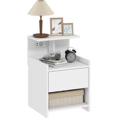 HOMCOM mesita de noche con estación de carga, mesilla de noche dormitorio con puertos usb, cajón y estantes abiertos, 40x40x60 cm, blanco