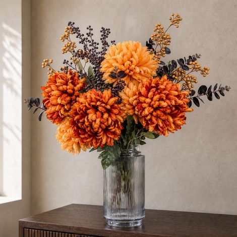 65cm Artificial Orange and Black Flower Arrangement Glass Vase Premium (1/5)