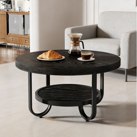 Table basse ronde 79,8 cm noire à 2 niveaux, MDF et métal, rangement intégré MEUBLIV (1/5)
