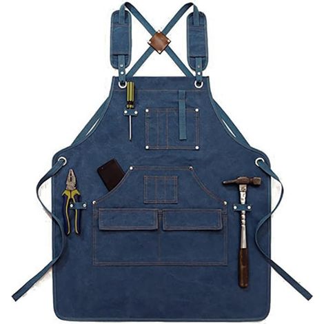 Ortviai Delantal de Trabajo de Algodón Canvas Azul, Ajustable con Bolsillos Grandes – Ideal para Jardinería, Cocina y Bricolaje (1/4)