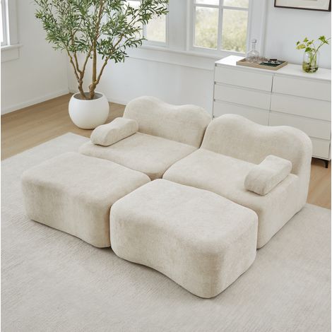 Canapé modulaire 2 places beige en velours avec 2 ottomans et coussins d’accoudoir mobiles (1/5)