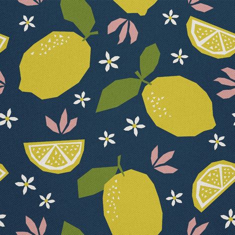 Tela decorativa para exteriores Oxford con estampado de limones y pequeñas flores. (1/5)