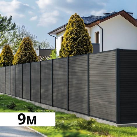 Kit Clôture Bois Composite Ardoise 9x1,8m SANTOS - Poteaux en Aluminium Gris - Brise Vue - Palissade