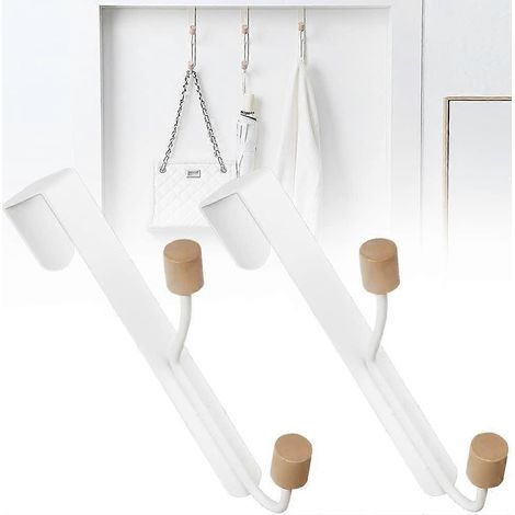 (Blanc) Lot de 2 crochets doubles en acier au carbone pour vêtements, sèche-serviettes et portes. Installation sans perçage. Convient pour les portes, salles de bain, cuisines, manteaux et chapeaux. (1/5)