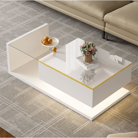 Table salon rangement 100 cm verre LED design blanc OKMYHOME (1/5)