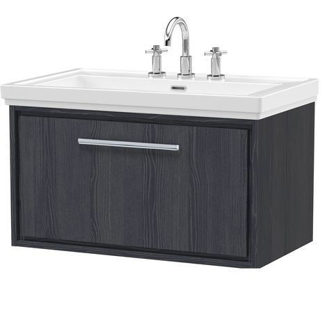 Longnor 1 Drawer Wall Hung Vanity Unit with 3 Tap Hole Traditional Fireclay Basin, Woodgrain Graphite Grey, 800mm