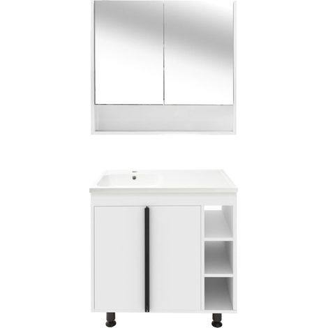 Ensemble meuble avec vasque et armoire-miroir - Naturel - Lucca - 79x70x45 - Blanc (1/4)