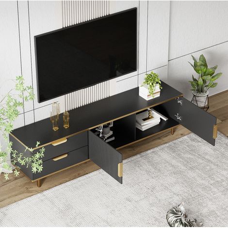 Mueble TV 170x45x37 cm negro y dorado con 2 cajones y 2 puertas (1/5)