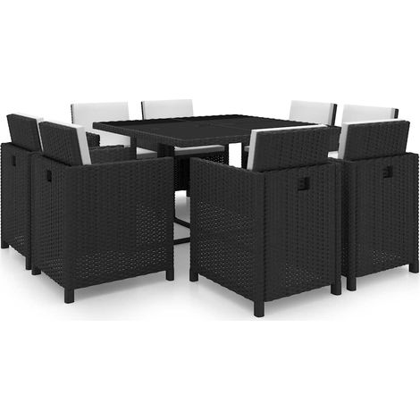 Set comedor de jardín 9 piezas y cojines ratán sintético negro vidaXL