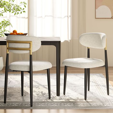 COLAMY Lot de 2 chaises de salle à manger en tissu rembourrées,dossier arrondi avec cadre doré,pieds métal noir,style moderne,beige