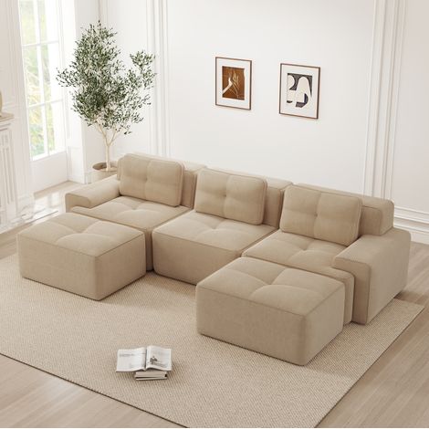 Divano modulare in corduroy beige, senza montaggio, seduta profonda 74 cm (1/5)