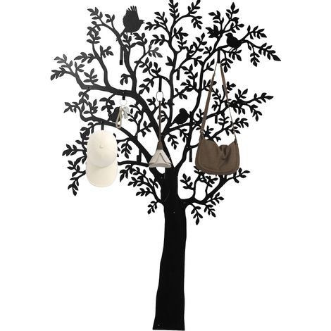 Porte-manteau mural design arbre avec 8 crochets et 4 oiseaux, métal noir thermolaqué, gain de place pour entrée et chambre, élégant et robuste  CHICFURN (1/5)
