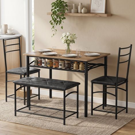 Juego de comedor de 4 piezas, mesa de cocina industrial con 2 sillas y banco para 4 personas, asientos tapizados en cuero sintético PU, color marrón. (1/5)
