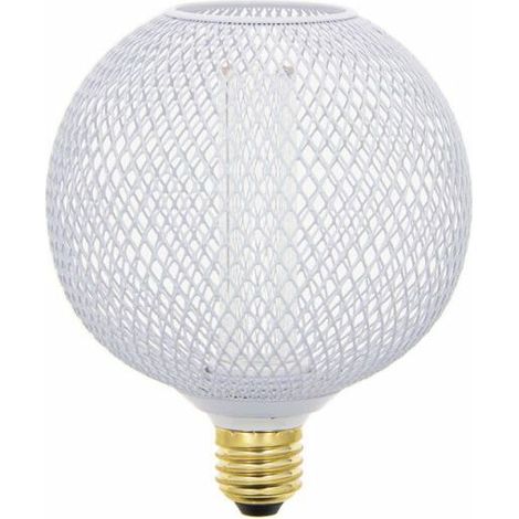 Ampolla decorativa a forma di gabbia e sfera bianca, attacco E27, effetto olografico, luce calda bianca (2700 K), ideale per interni, soggiorno, camera da letto o sala da pranzo