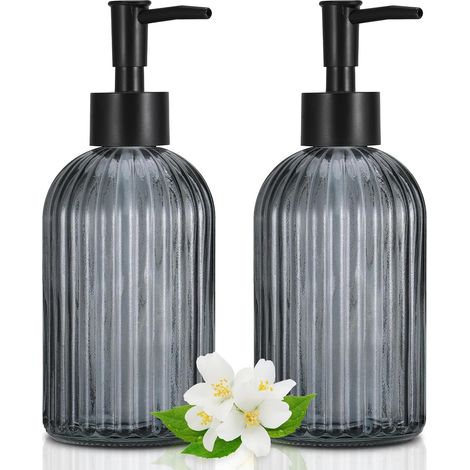2 Pièces Distributeur Savon Verre, 400ml Distributeur-Savon Liquide avec Tête de Pompe, Flacon Pompe Verre Réutilisable, Distributeur Savons Rechargeable pour Salle de Bains et Cuisine (1/5)