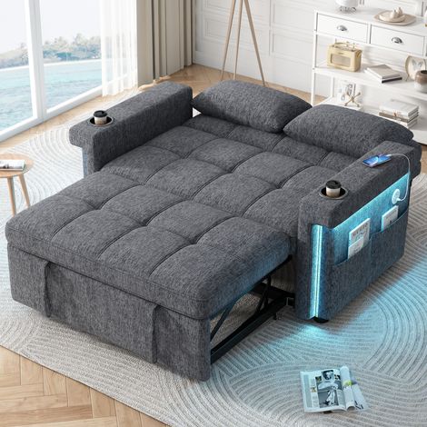 Canapé 2 places convertible en lit, éclairage LED, port de chargement USB/Type-C, dossier réglable, coussins, porte-gobelets, poche latérale, tissu chenille, gris (1/5)